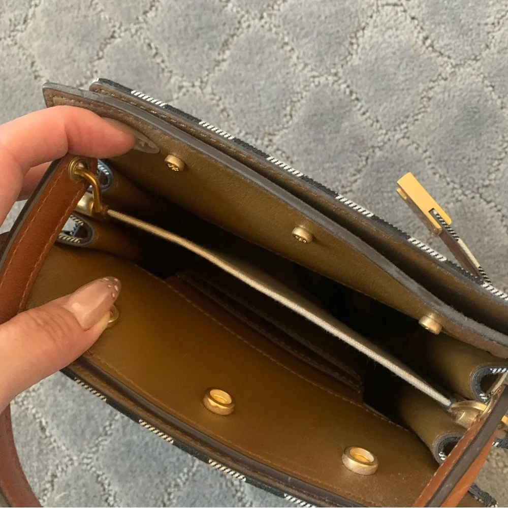 Tory Burch Black & White Gingham Top-Handle Satchel with Brown Trim - Picture 5 of 5